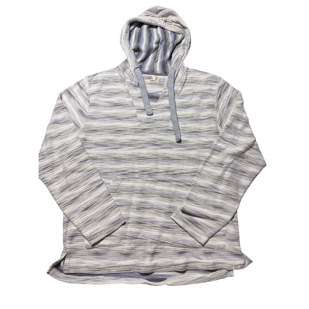 Free Planet Womens L Blue & White Woven Hooded Long Sleeve Pullover Tunic Top